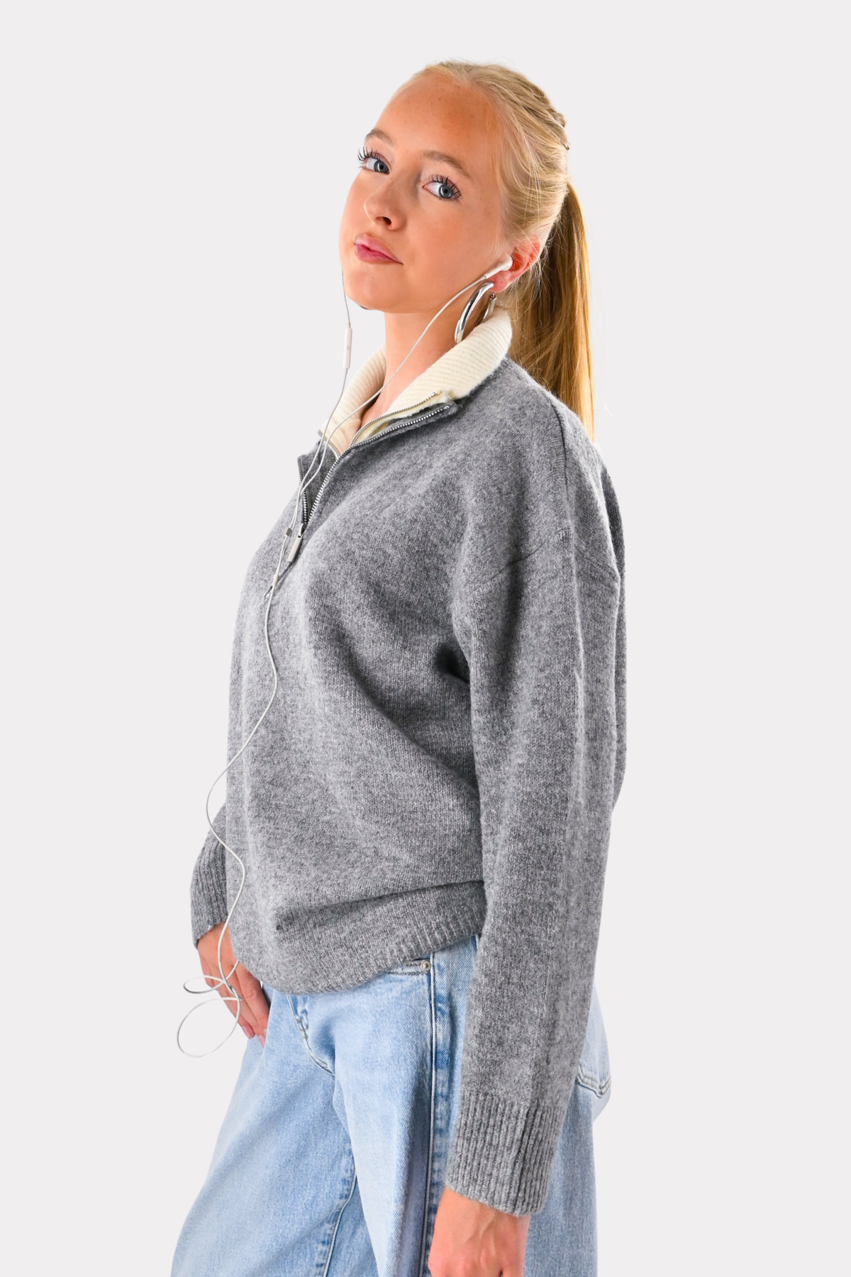 Caroline Pullover mit Reißverschluss - grau/weiß