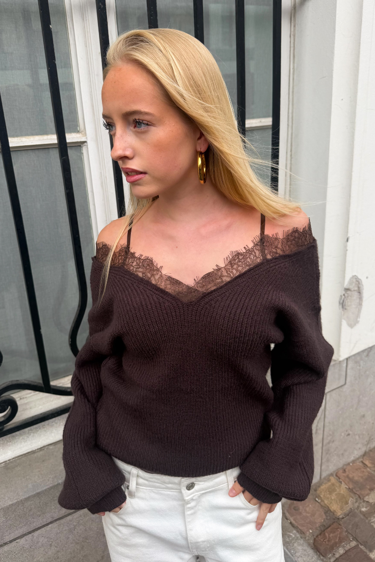 Schulterfreier Spitzenpullover - braun