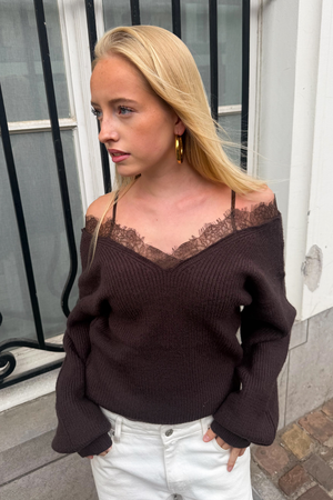Off-the-Shoulder Lace Knit - Brown