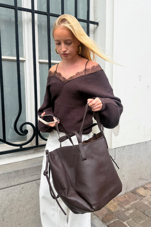 Off-the-Shoulder Lace Knit - Brown