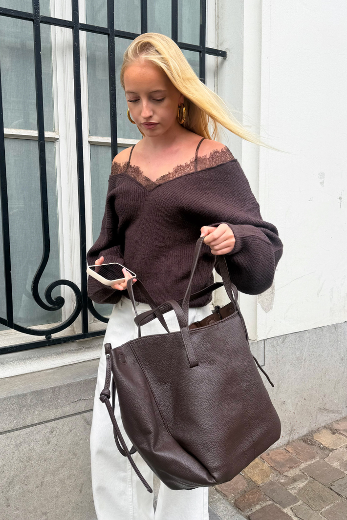 Off-the-Shoulder Lace Knit - Brown