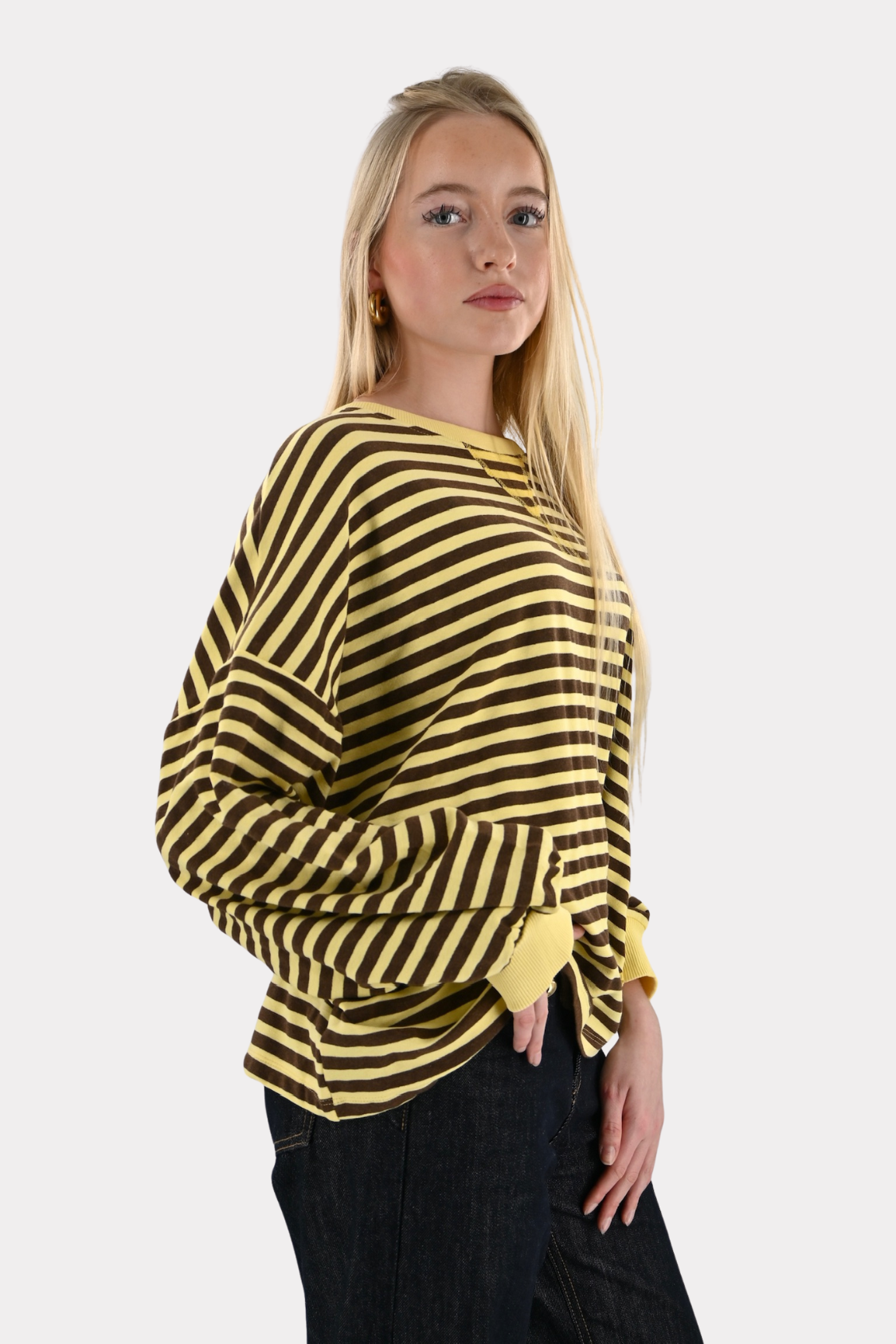 Lore-t-shirt-long-sleeve-striped-geel/bruin-fashiontiger-2