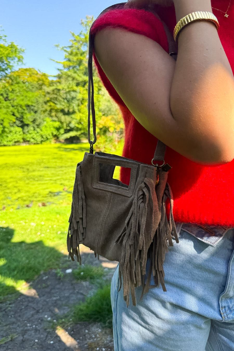 Suede fringe bag - taupe