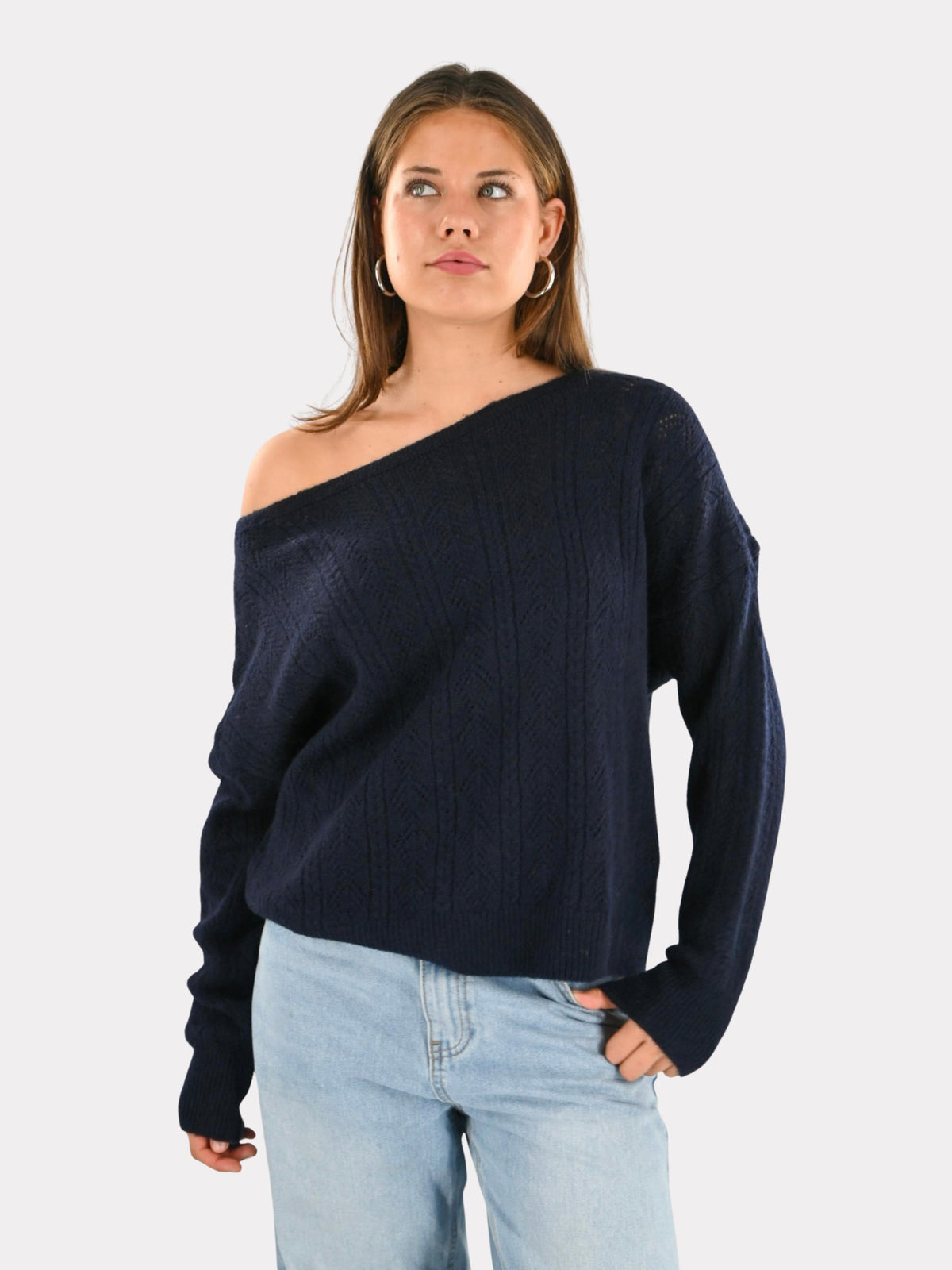 Lola Off-Shoulder-Strickpullover - Marineblau
