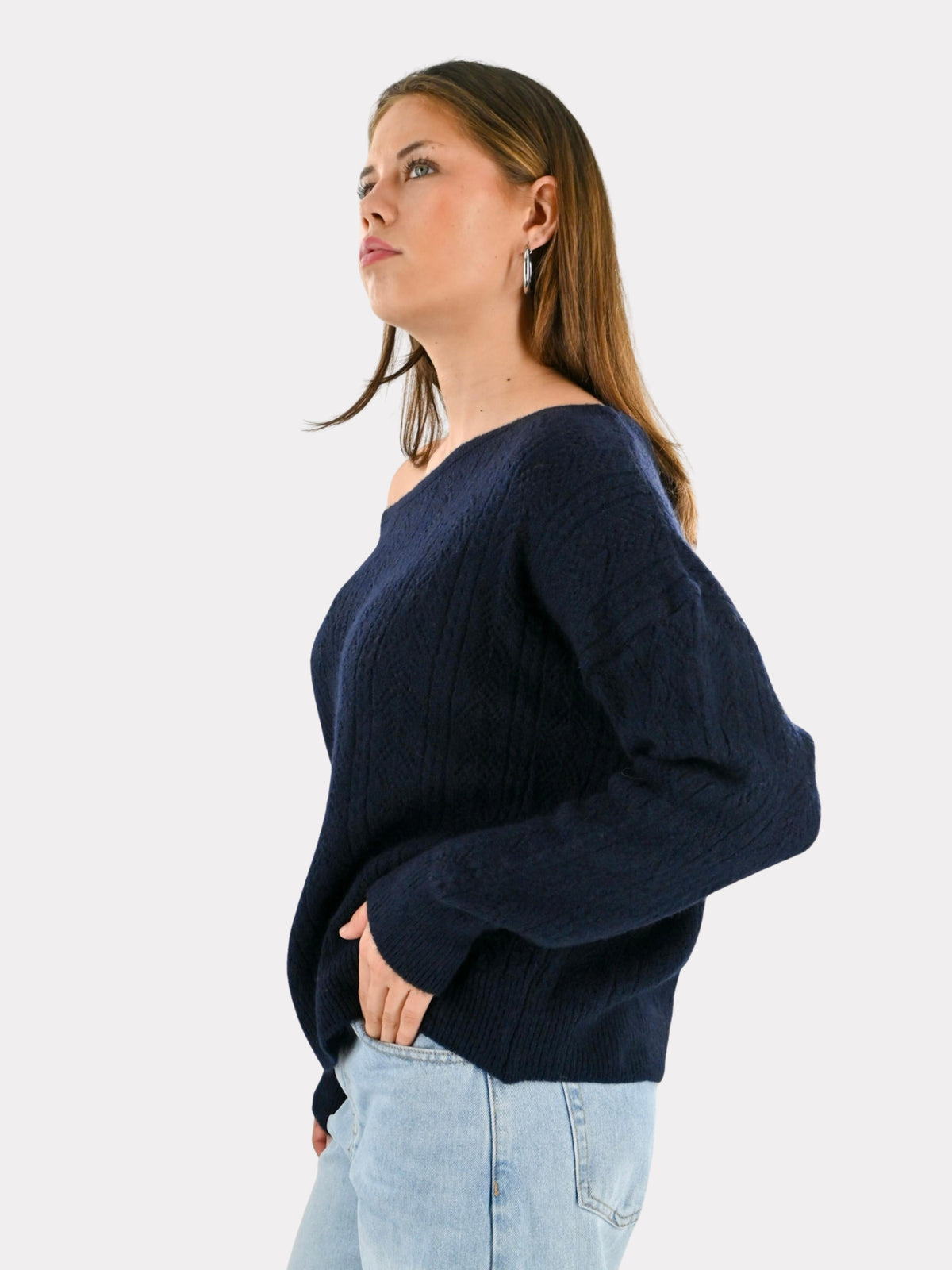 Lola Off-Shoulder-Strickpullover - Marineblau