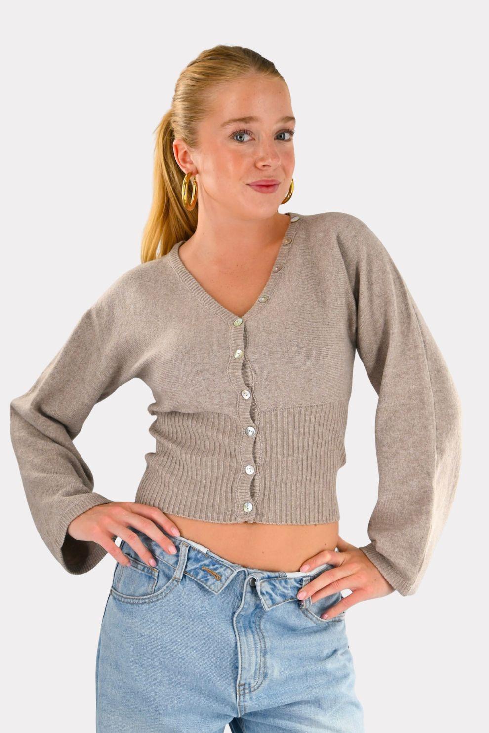 Strickpullover mit Knöpfen - Taupe