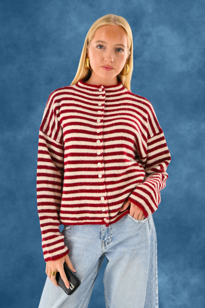 Eleanor classic stripe cardigan - bordeaux/wit