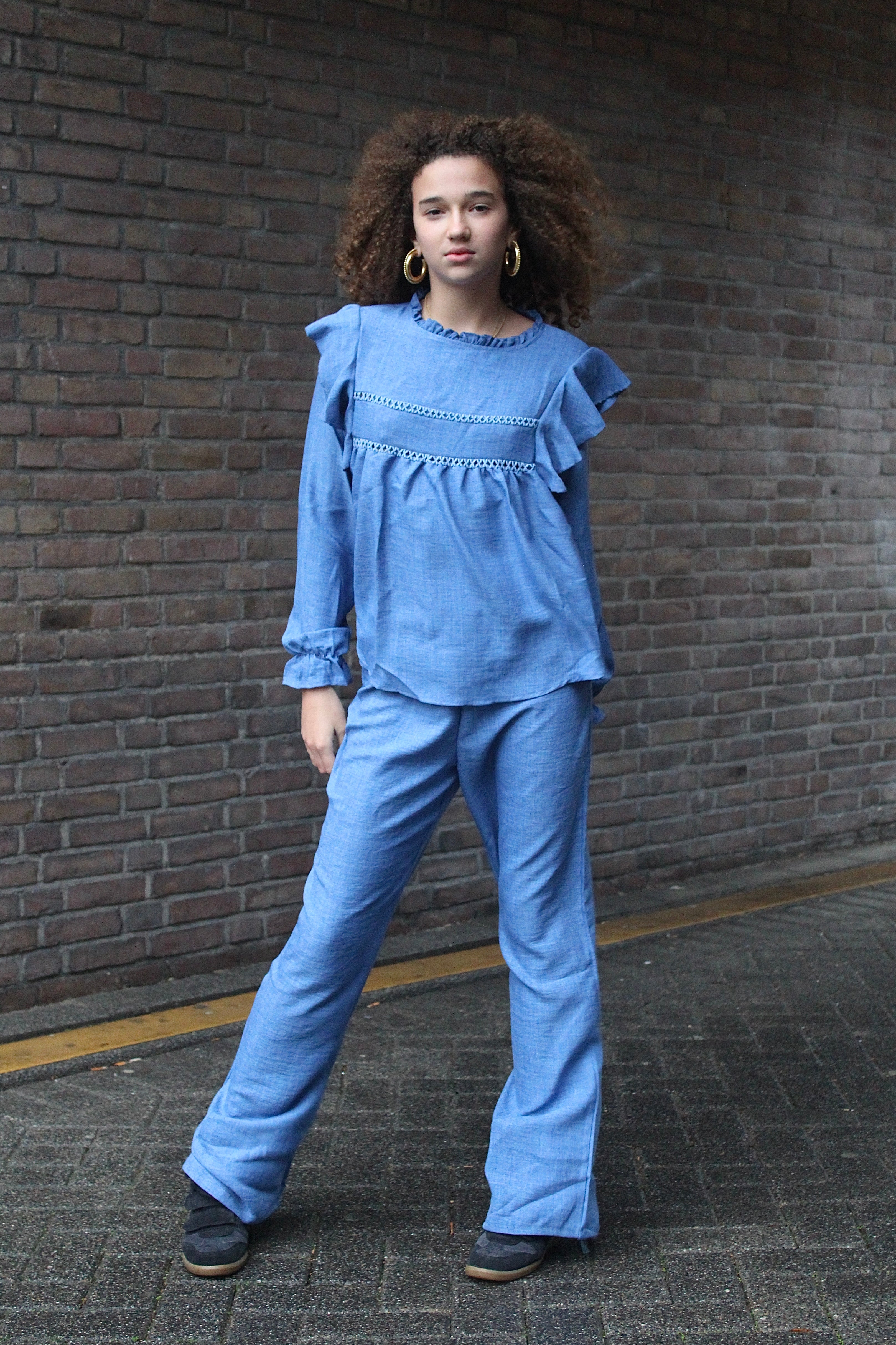 Denim ruffle pants - blauw