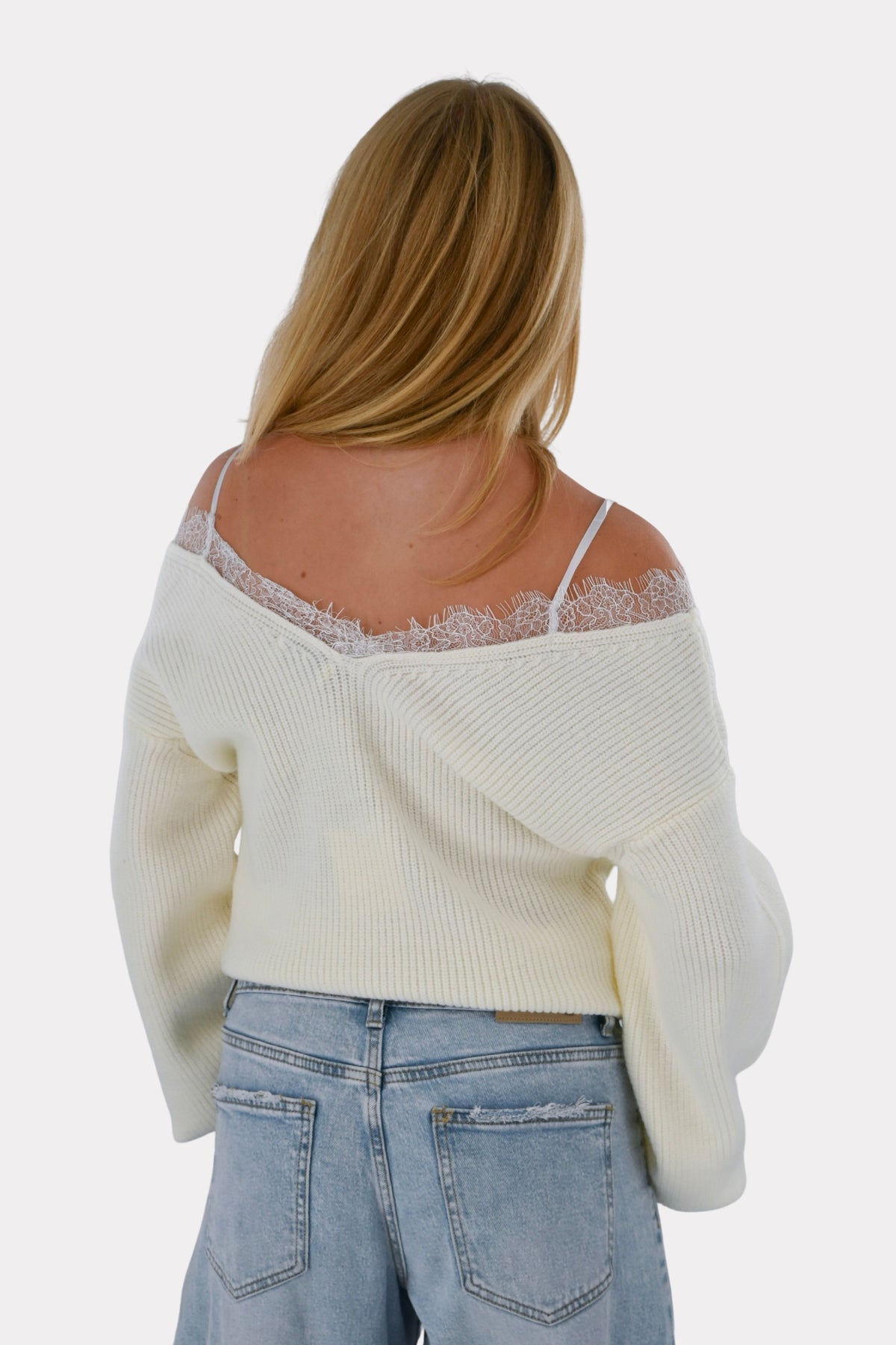 Off-Shoulder-Spitzensweater - Weiß