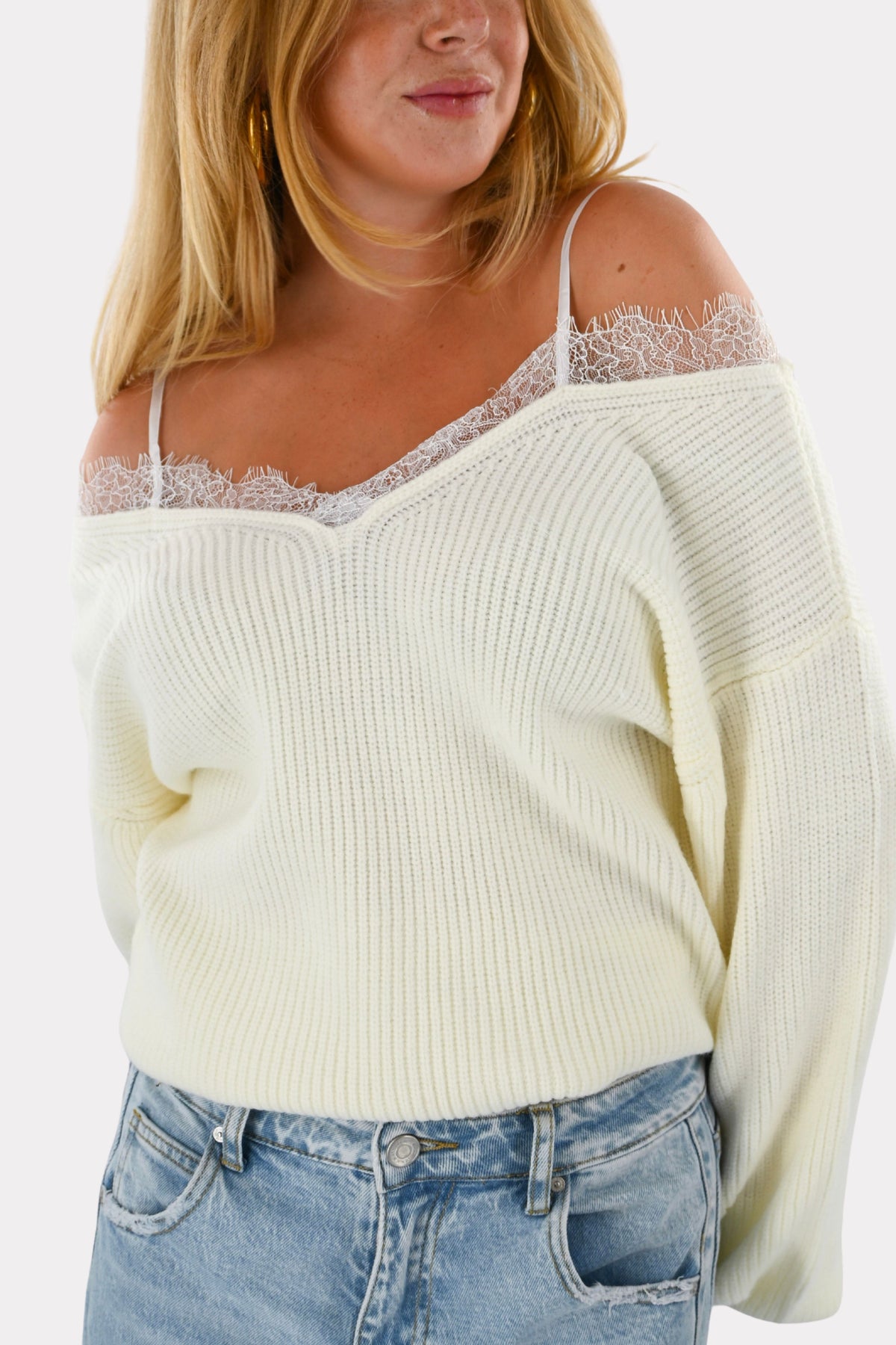 Off-Shoulder-Spitzensweater - Weiß