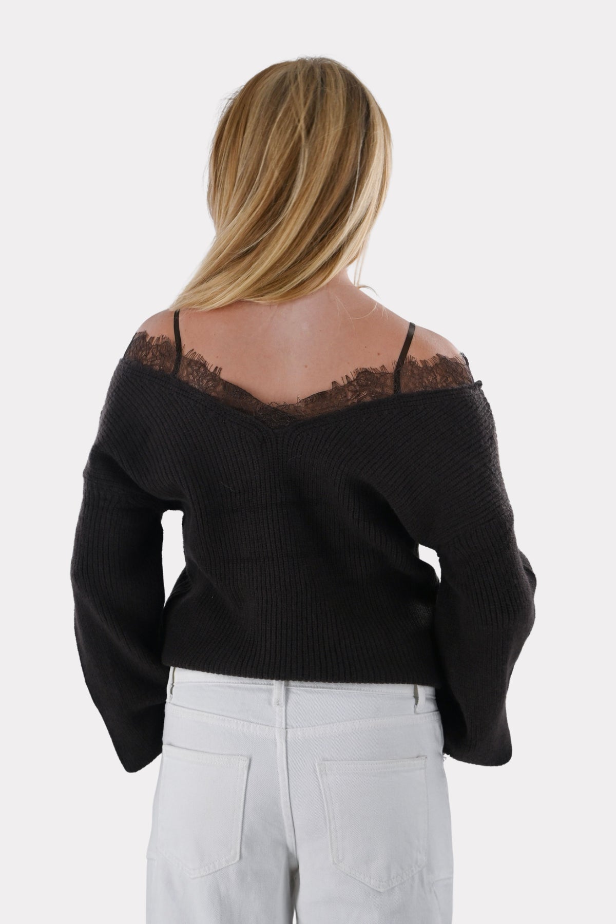 Schulterfreier Spitzenpullover - braun