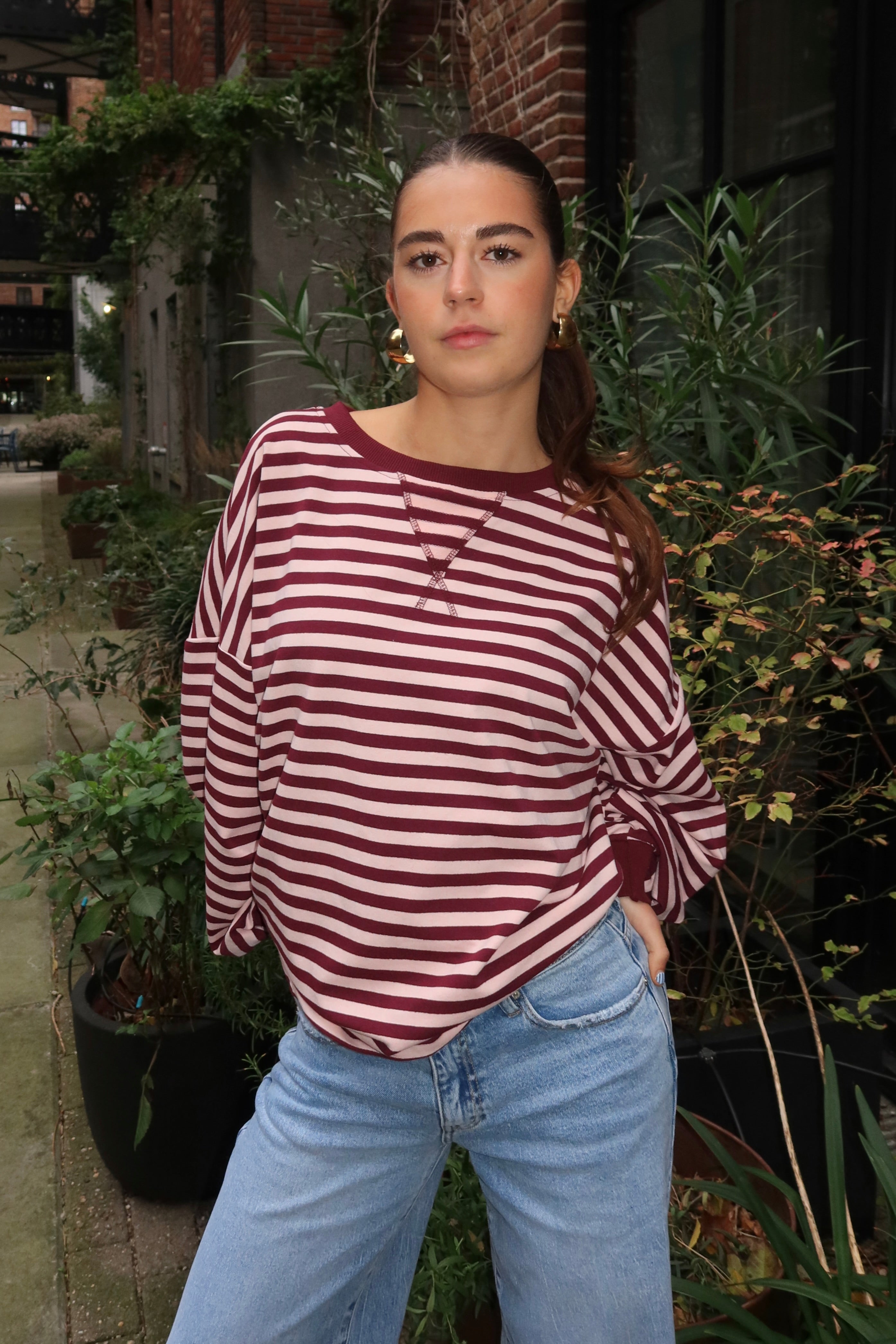 Lore-t-shirt-long-sleeve-striped-roze/bordeaux-fashiontiger-