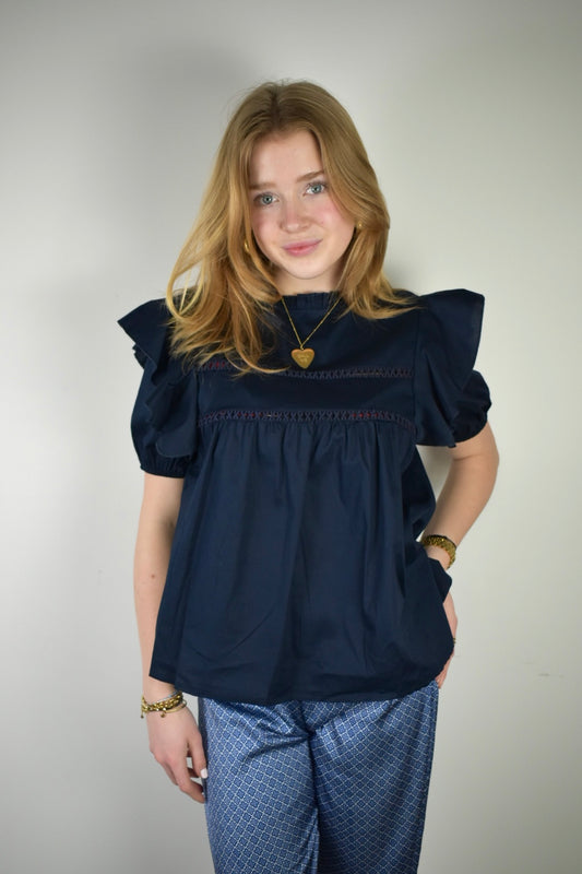 Ruffle blouse korte mouw - navy