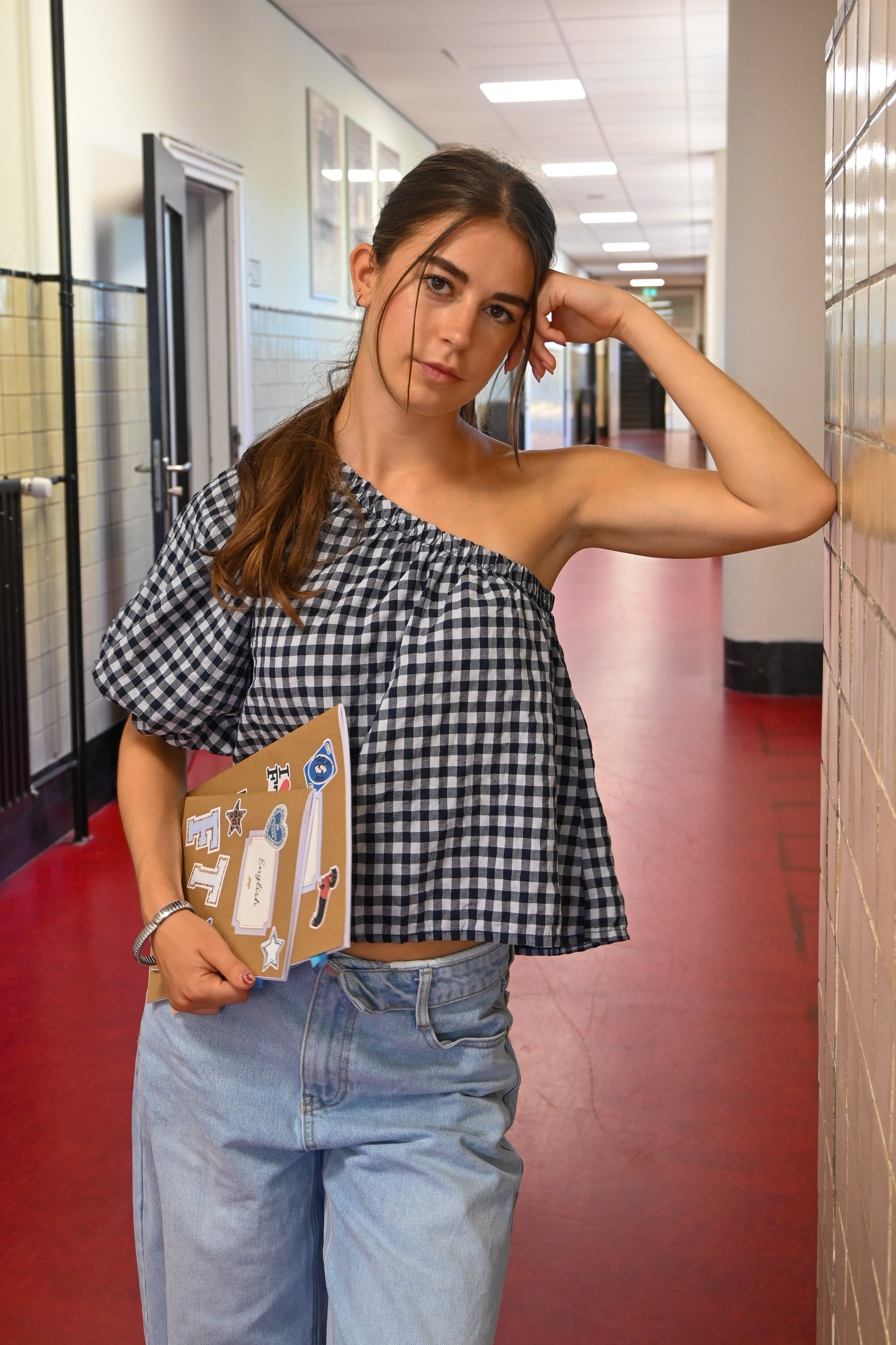 Blouse à une épaule à carreaux - bleu - Fashiontiger 3