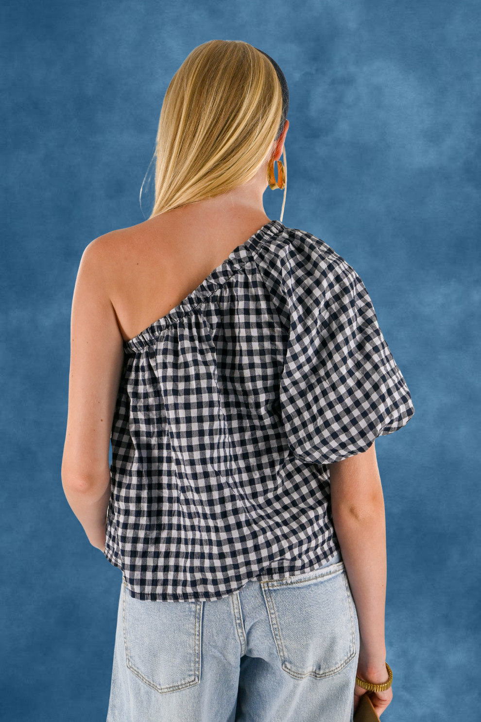 One shoulder check blouse - blauw - Fashiontiger 6